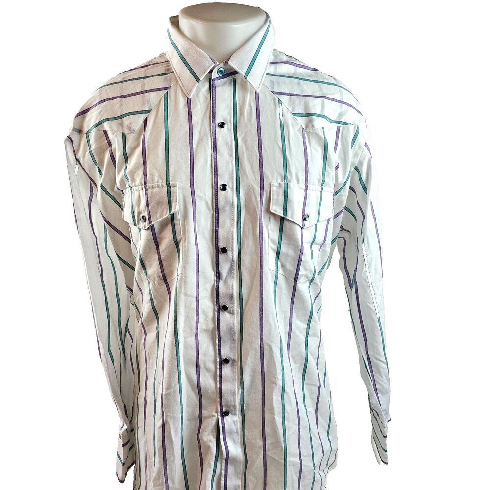 Vintage Prior Western Shirt Men 18-35 White Purple Teal Stripe Pearl Snap USA